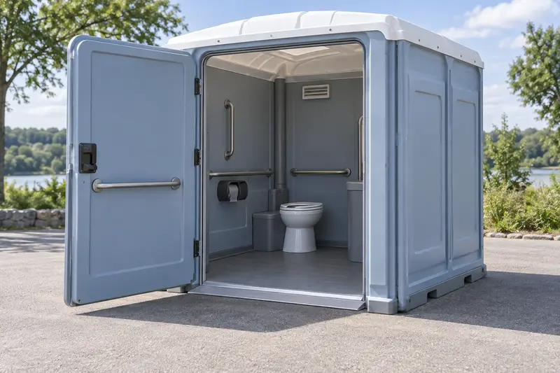 Wide-entry portable restroom with ground-level entrance