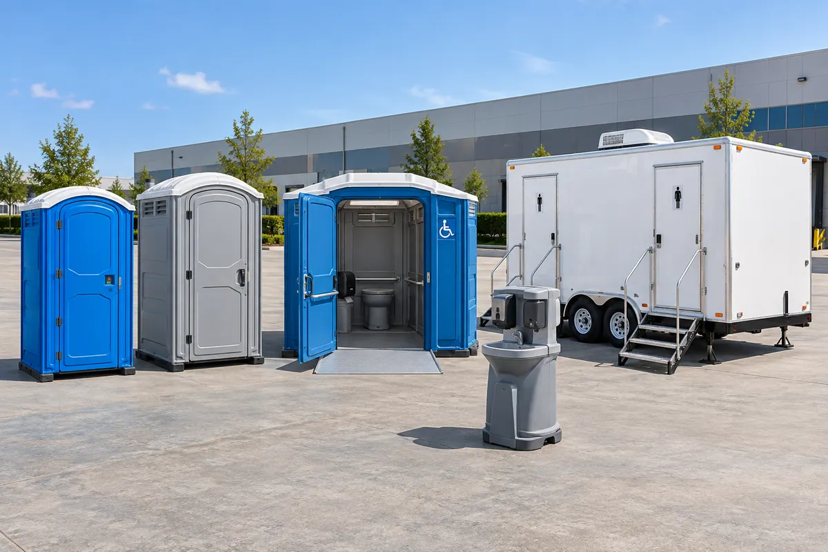 Illustrative paved-site lineup with blue and grey portable toilets, a wider open unit, handwashing station and white restroom trailer