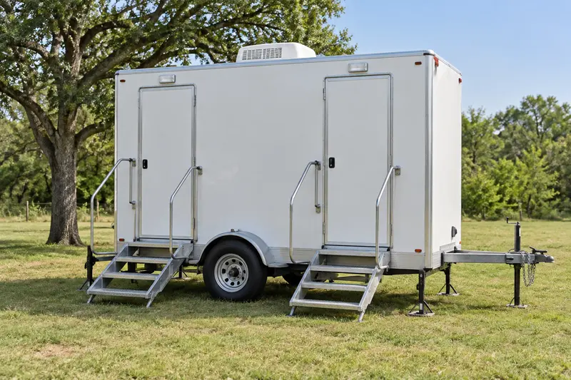 Restroom trailer with entry stairs